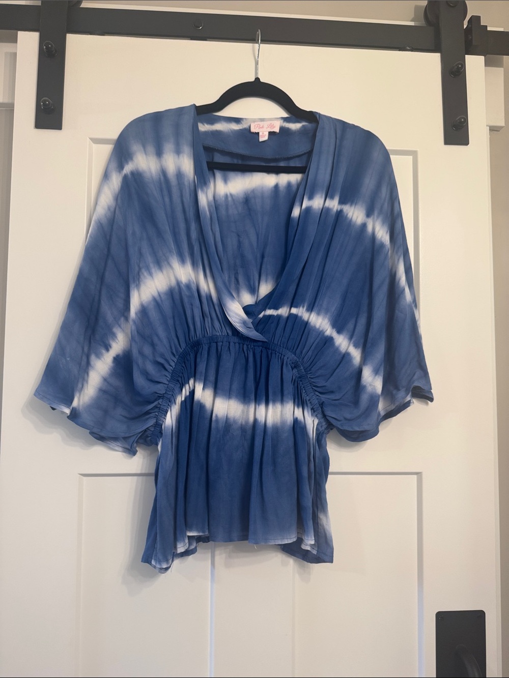 Pink Lily Blue and White Tie-Dye V-Neck Peplum Top